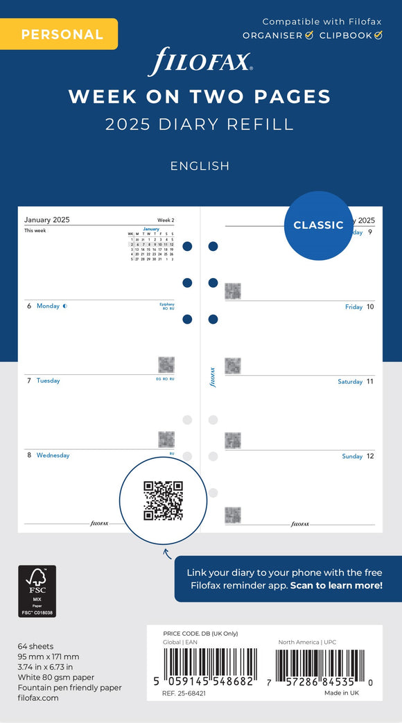2025 FILOFAX PERSONAL REFILL WEEK-TO-VIEW CLASSIC