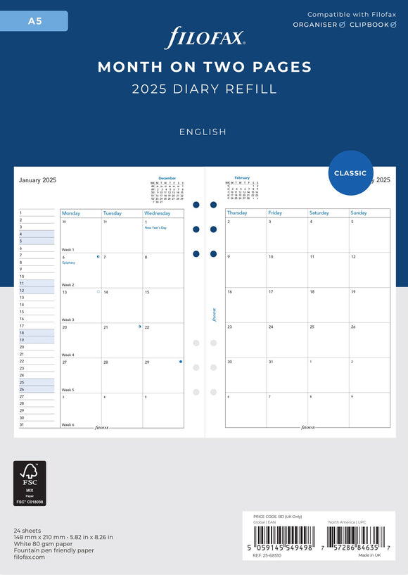 2025 FILOFAX A5 REFILL MONTH ON TWO PAGES