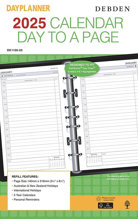 2025 DEBDEN DAYPLANNER DESK ORGANISER REFILL DAY TO A PAGE