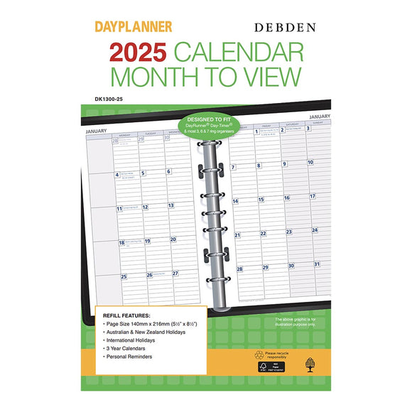 2025 DEBDEN DAYPLANNER DESK ORGANISER REFILL CALENDAR MONTH TO VIEW