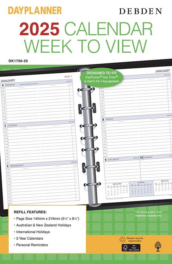 2025 DEBDEN DAYPLANNER DESK ORGANISER REFILL WEEK TO VIEW