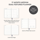 2025 DIARY MEDIUM DUAL TEXTURE MONTHLY/WEEKLY PLANNER DOTS ON TWLIGHT BLUE - 17 MONTHS