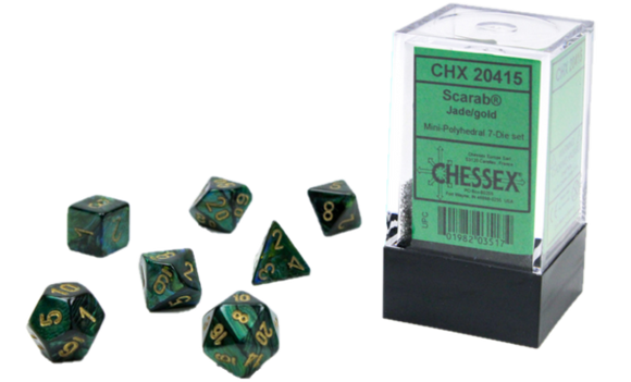 MINI POLYHEDRAL DICE SET SCARAB JADE/GOLD