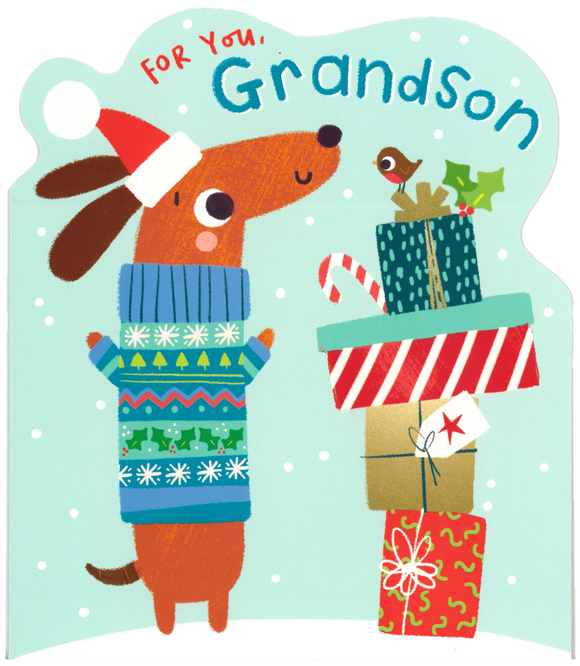 CHRISTMAS CARD GRANDSON DACHSHUND WITH PRESENTS