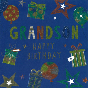 BIRTHDAY CARD GRANDSON MULTICOLOURED BALLOONS AND PRESENTS