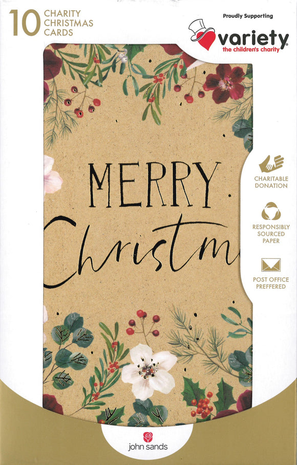 CHRISTMAS BOXED CARDS JOHN SANDS KRAFT FLORAL 10 PACK