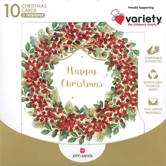 CHRISTMAS BOXED CARDS CUTE BERRY WREATH / TREE 10 PACK