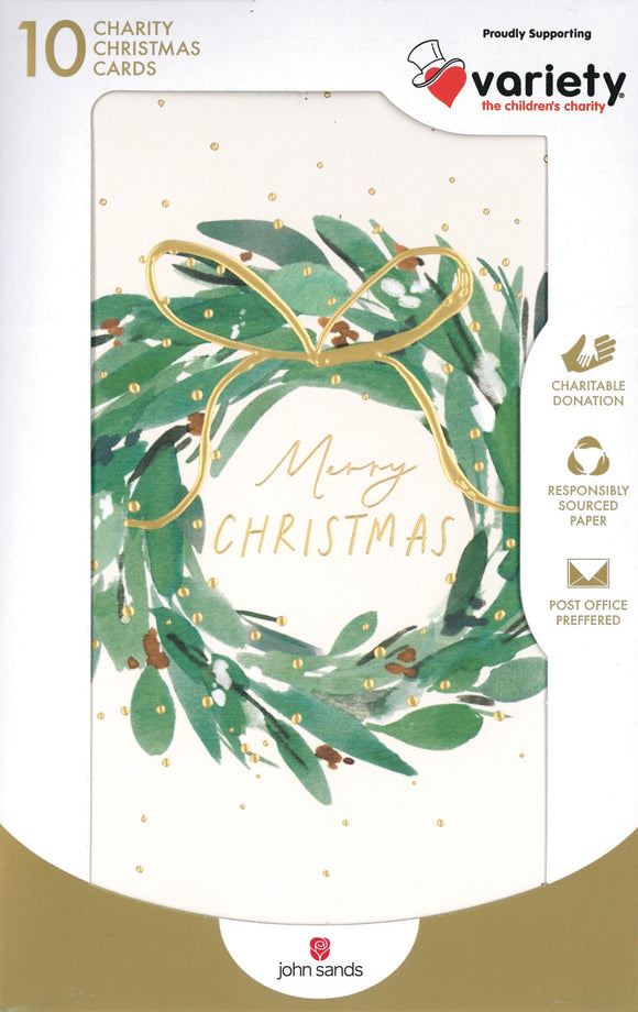 CHRISTMAS BOXED CARDS GOLD RIBBON ON WREATH 10PACK