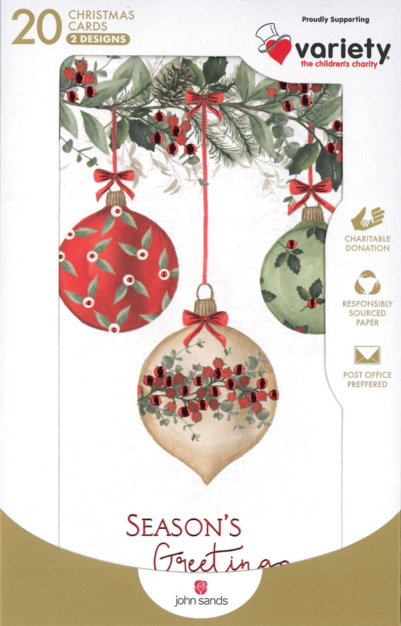 CHRISTMAS BOXED CARDS HANGING BAUBLES / WREATH WITH BAUBLES 20 PACK