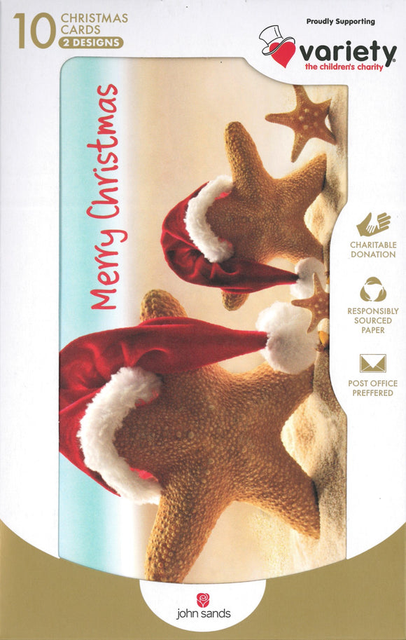 CHRISTMAS BOXED CARDS BEACH TREE / STARFISH 10 PACK