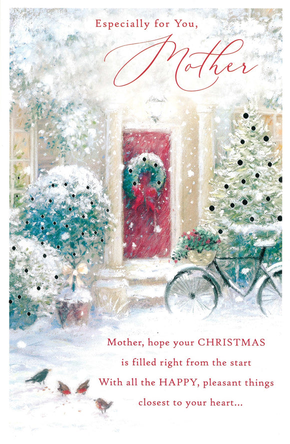 CHRISTMAS CARD MOTHER FRONT DOOR WITH BIKE