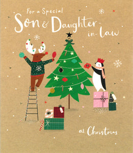 CHRISTMAS CARD SON & DAUGHTER-IN-LAW PENGUIN AND REINDEER DECORATING TREE