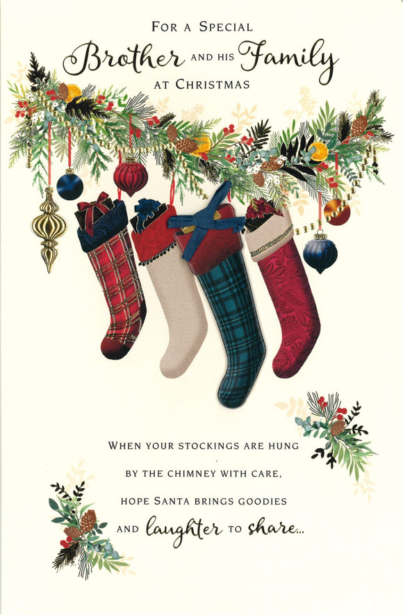 CHRISTMAS CARD BROTHER & FAMILY STOCKINGS ON A GARLAND