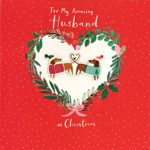 CHRISTMAS CARD HUSBAND SAUSAGE DOGS IN A GARLAND HEART