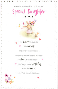 BIRTHDAY CARD DAUGHTER RABBIT WITH BOUQUET