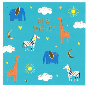 NEW BABY CARD BOY ANIMALS ON BLUE