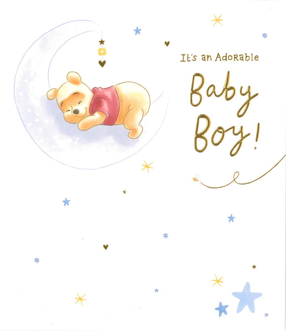 NEW BABY CARD BOY POOH ON THE MOON