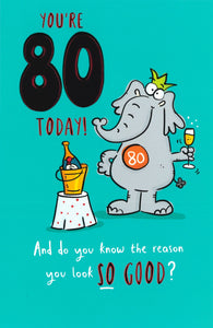 BIRTHDAY CARD 80TH CHAMPAGNE ELEPHANT