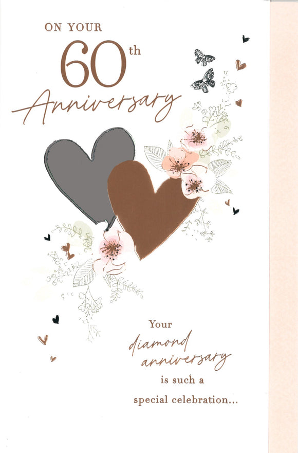 ANNIVERSARY CARD 60TH DIAMOND HEARTS & FLOWERS