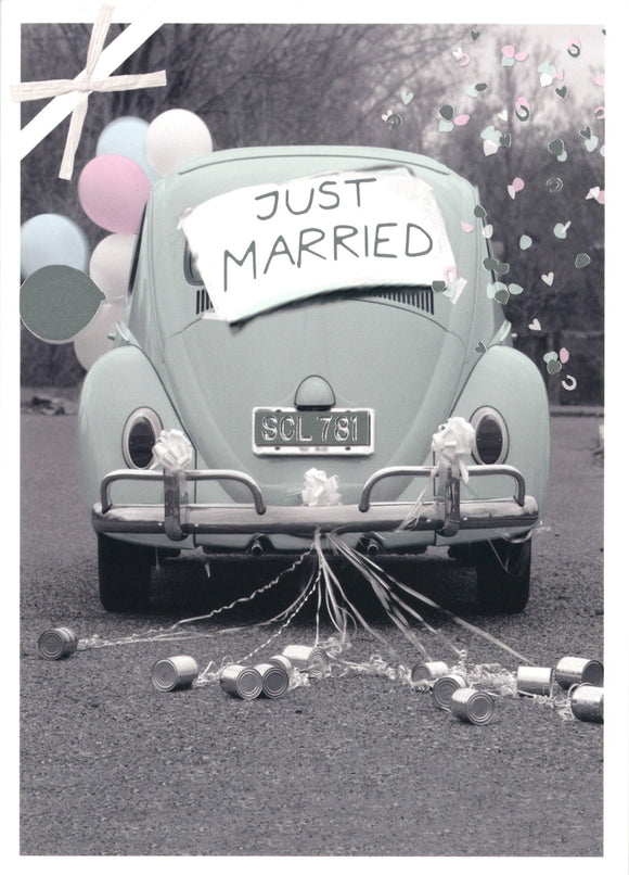 WEDDING CARD JUST MARRIED GREEN CAR