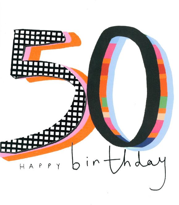 BIRTHDAY CARD 50TH NEON PATTERNED TEXT