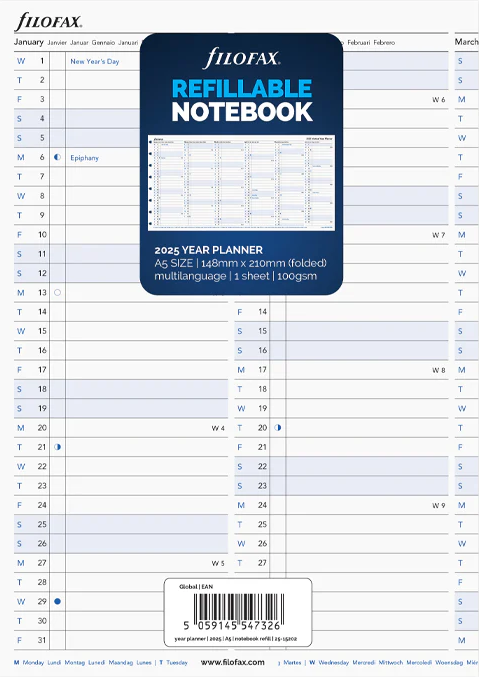 2025 FILOFAX A5 NOTEBOOK REFILL VERTICAL YEAR PLANNER