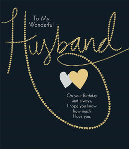 BIRTHDAY CARD HUSBAND BLACK WITH GOLD HEARTS