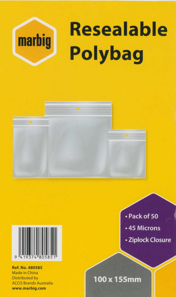 RESEALABLE POLYBAGS 100X155MM PACK 50