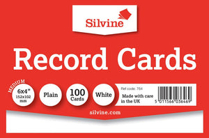 SILVINE RECORD CARDS 6"X4" PLAIN WHITE