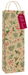 CHRISTMAS GIFT BAG BOTTLE KRAFT FOLIAGE