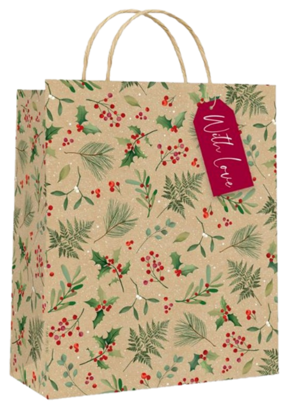 CHRISTMAS GIFT BAG LARGE KRAFT FOLIAGE