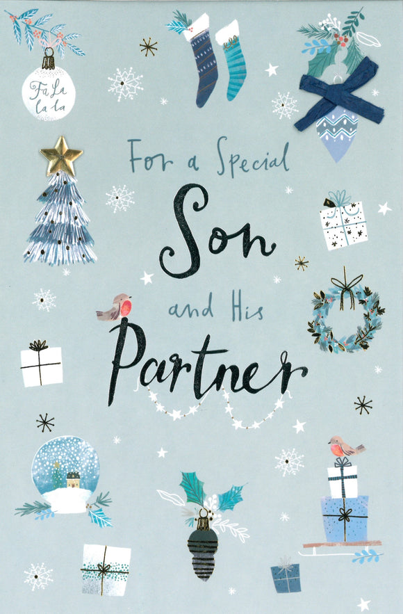 CHRISTMAS CARD SON AND PARTNER BLUE AND WHITE MOTIFS