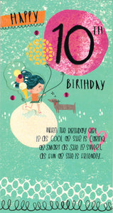 BIRTHDAY CARD 10TH GIRL WITH BALLOONS